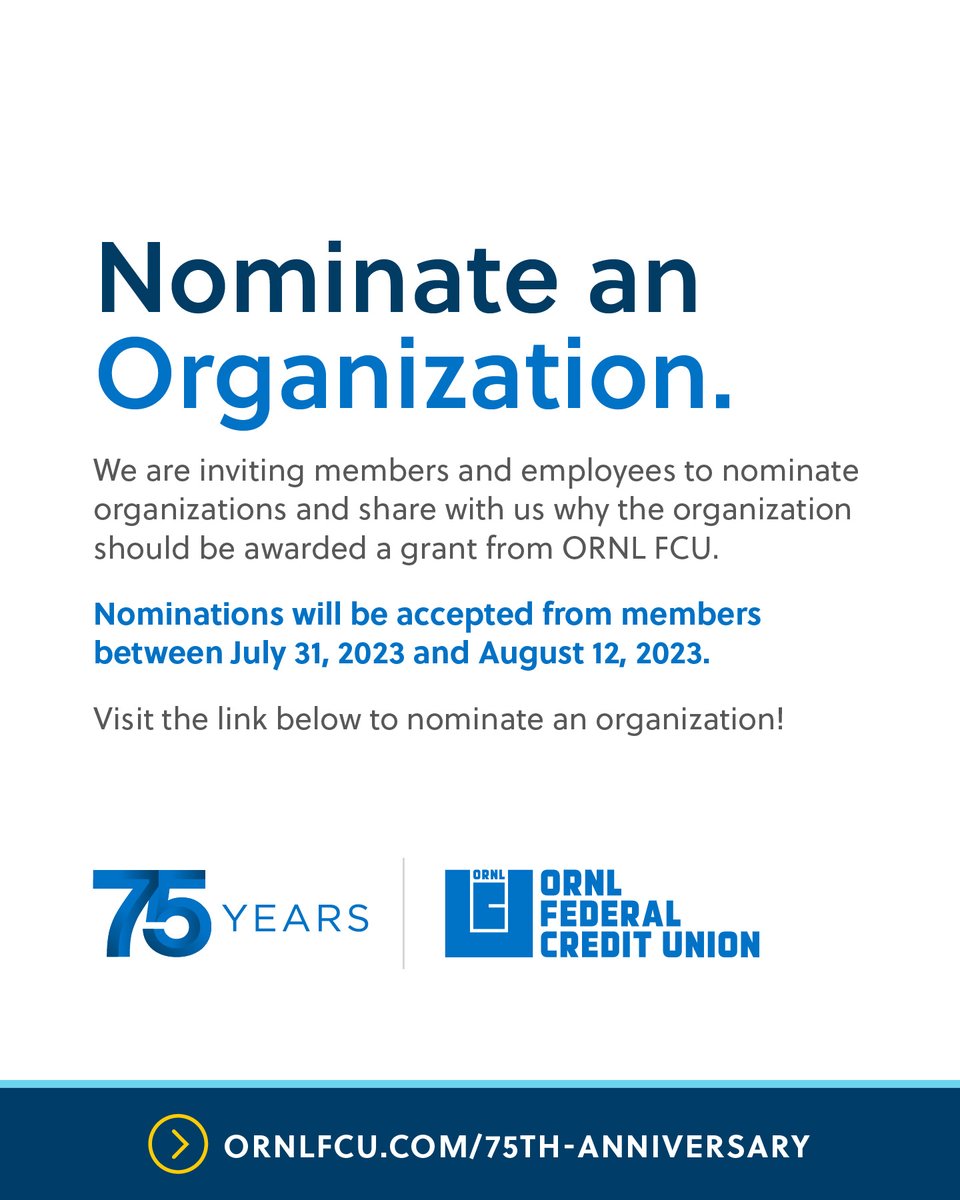 ornlfcu's tweet image. In honor of our 75th anniversary, we will be awarding 17 grants to local nonprofits totaling $350,000! 🎉 Visit ornlfcu.com/75th-anniversa… to nominate your favorite nonprofit that you believe would benefit greatly from this grant giveaway now through August 12. #cudifference