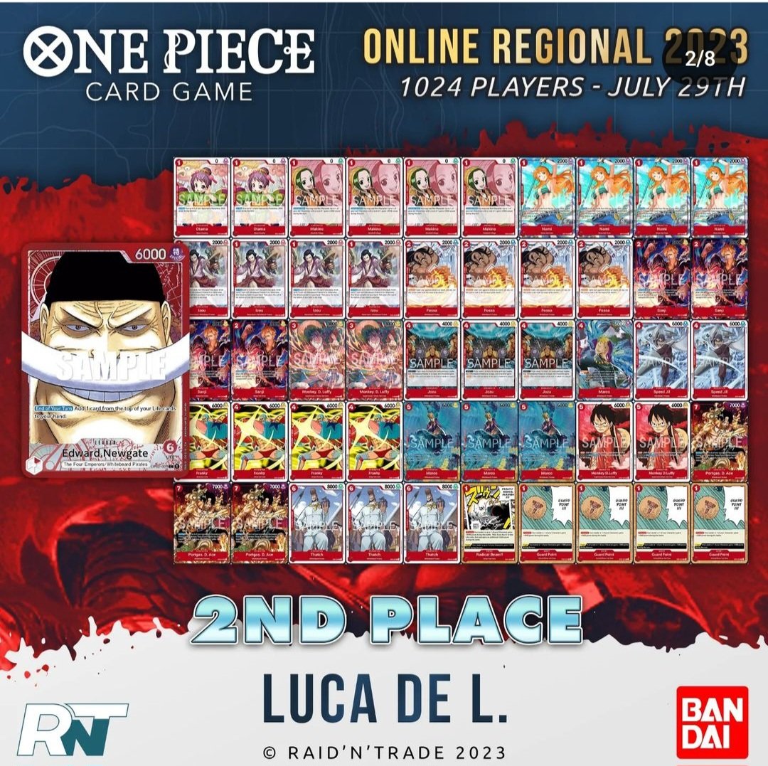 9-1 and achieve 2th place at 29th July Online regional with Whitebeard.I am very happy about this great result, although wb was penalised by the banlist.
Katakuri✅️
Zoro✅️
Law✅️
Zoro✅️
Zoro✅️
Law❌️
Zoro✅️
Whitebeard✅️
Zoro✅️
Zoro✅️
#onepiecetcg #optcg