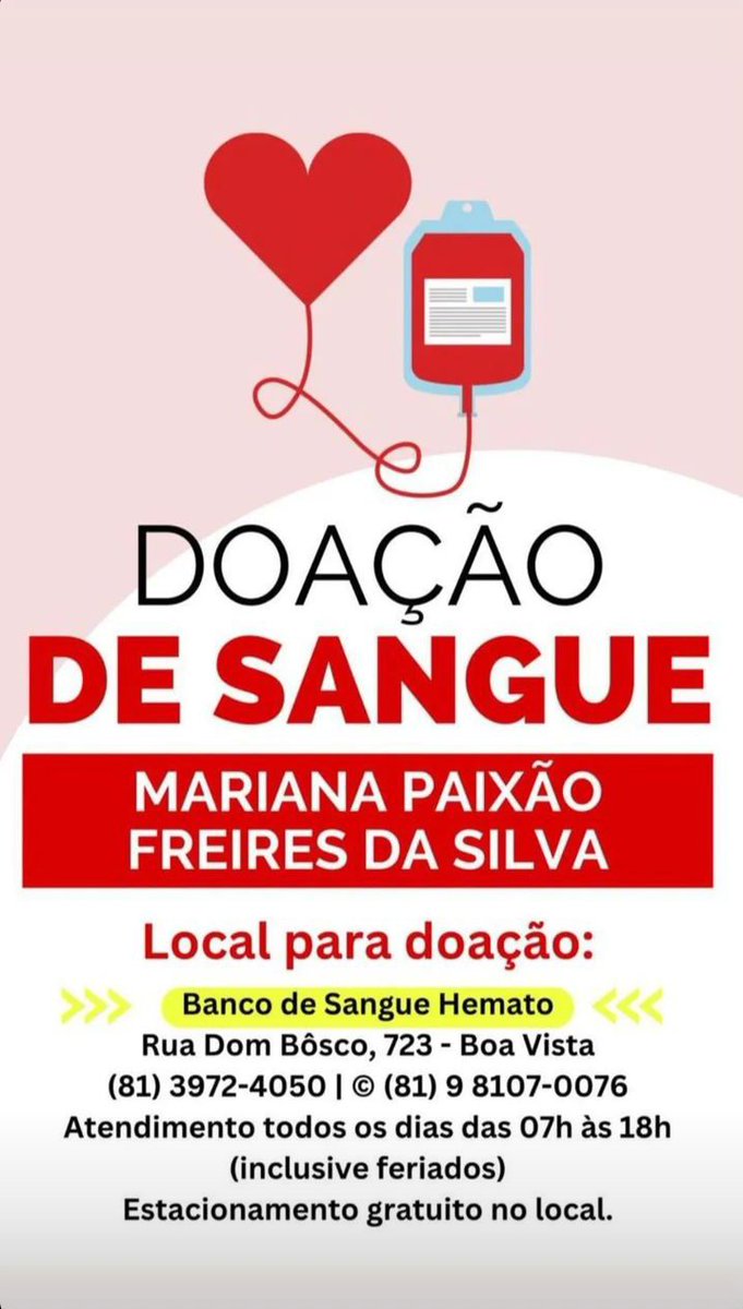 felipeniceas's tweet image. Doação de sangue para Mariana Paixão Freires da Silva

#soudoador
#doesanguedoevida💉❤️
#acorrentedobem🙏
#recife