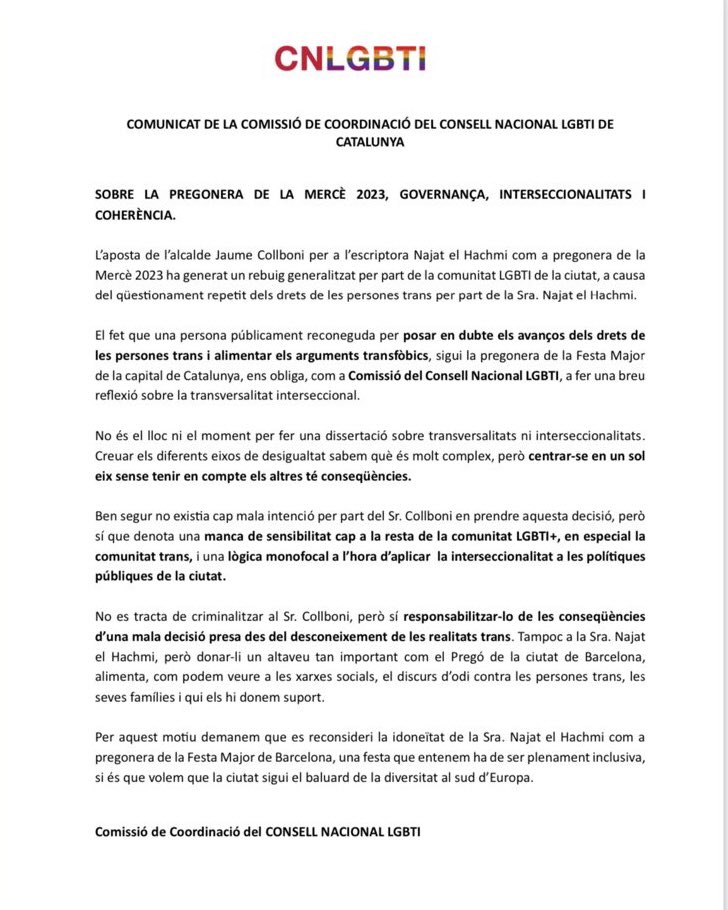 Comunicat de la comissió de coordinació del Consell Nacional LGBTI+ en relació al pregó de La Mercè 2023