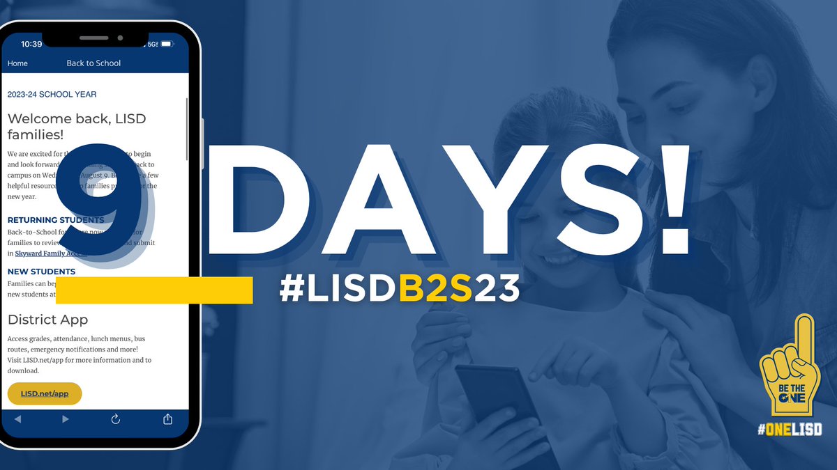 LewisvilleISD's tweet image. We&apos;re only 9️⃣  days away from the first day of school!

New for the 2023-24 school year, families can download the official LISD App to access grades, view menus, receive emergency notifications and more! Visit LISD.net/App to download today! #OneLISD #LISDb2s23