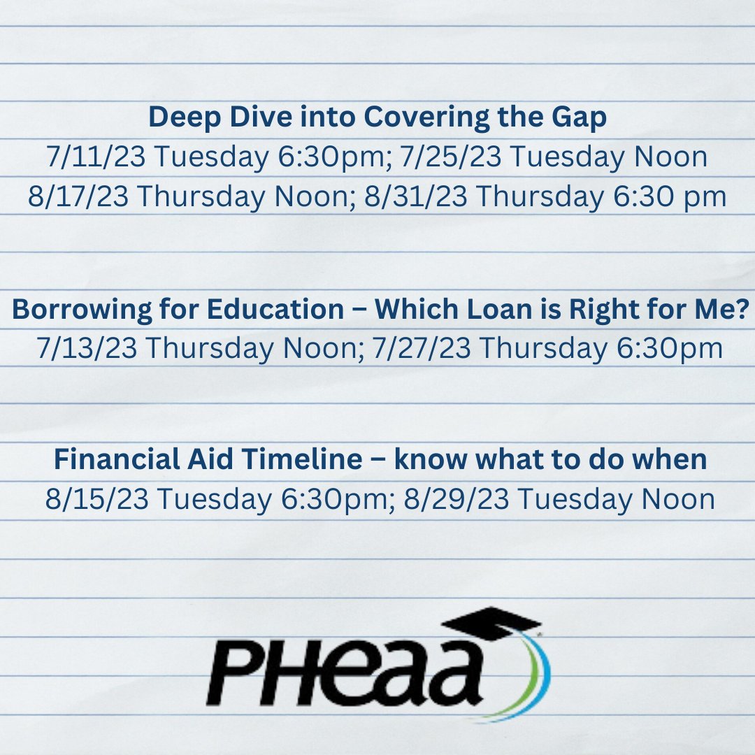 NCPAAHEC's tweet photo. Representatives from PHEAA will provide a variety of webinars, including an overview of how to apply for all types of financial aid, reviewing financial aid offers, financial aid for non-trad students, and more! For more info visit https://t.co/6Tn9cYiDDD https://t.co/XHVnws7Fr4