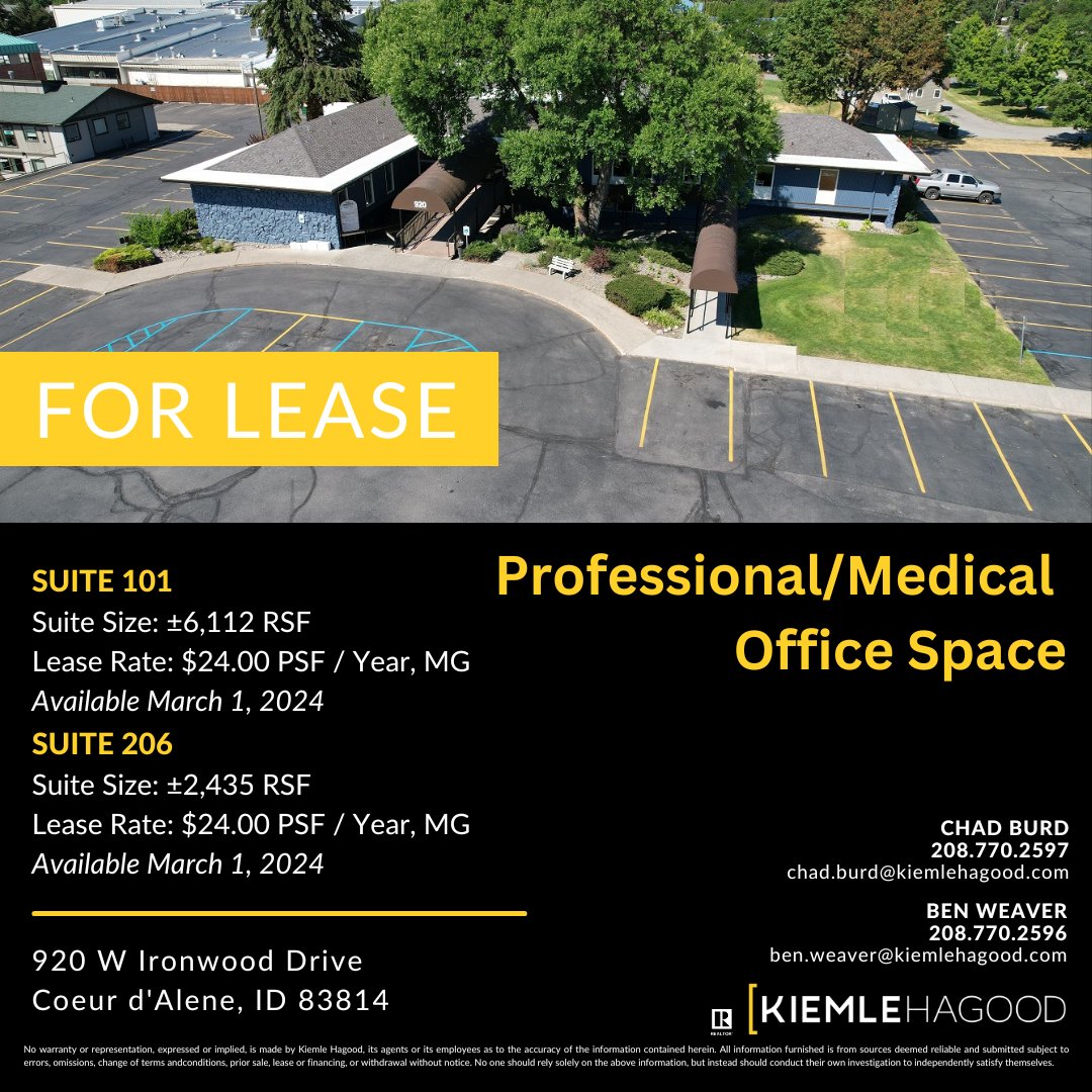 FOR LEASE
Professional/Medical Office Space
920 W Ironwood Drive - Coeur d'Alene, ID

Property Flyer:  ow.ly/OfrH50Ppekr

#kiemlehagood #chadburd #benweaver #coeurdaleneid #forlease #officespace