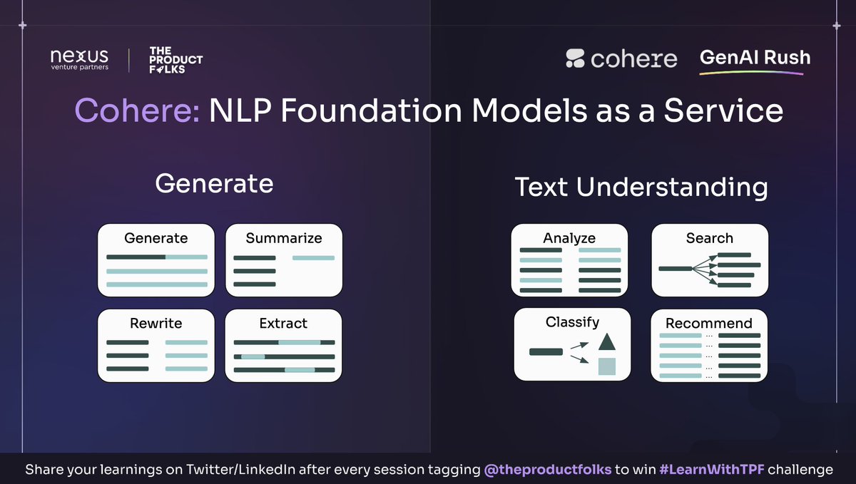 NehalBaheti's tweet image. 📚 Mind-blowing insights from #GenerativeAI cohort, Session- 7 by @TheProductfolks ! 🚀 Grateful to @Nils_Reimers  for sharing knowledge and expertise! 👏 

Here's a summary:
Cohere: NLP Foundation Models as a Service- Generate, Text Understanding.👇
#LearnWithTPF