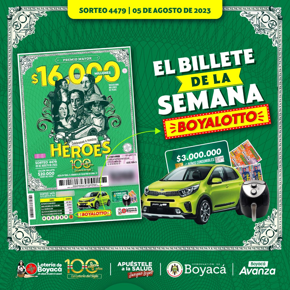 LoteriadeBoyaca's tweet photo. 🦸🏽‍♀️🦸🏻‍♂️"Celebremos a Nuestros Héroes y Heroínas"🍀(Sorteo 4479 del 05 de #Agosto de 2023) 💵

💰Esta semana entramos con unifraccional, ten la posibilidad de ganar el premio mayor por💲1️⃣6️⃣.0️⃣0️⃣0️⃣ millones 
#LoteríaDeBoyacá  #UnSiglo #BilleteVerde #Héroes @rafarojasazula https://t.co/caa7Ub8yZV