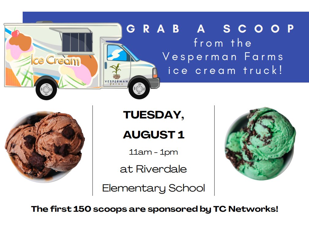 RiverdaleSDWI's tweet photo. Attention #RDMaroonNation Community!

The Vesperman Farms Ice Cream Truck will be in the parking lot at the Riverdale Elementary School from 11AM-1PM tomorrow (August 1).

We would like to extend a big THANK YOU to TC Networks for donating the first 150 scoops of ice cream! ❤️🍦 https://t.co/YDHzHpJhyi