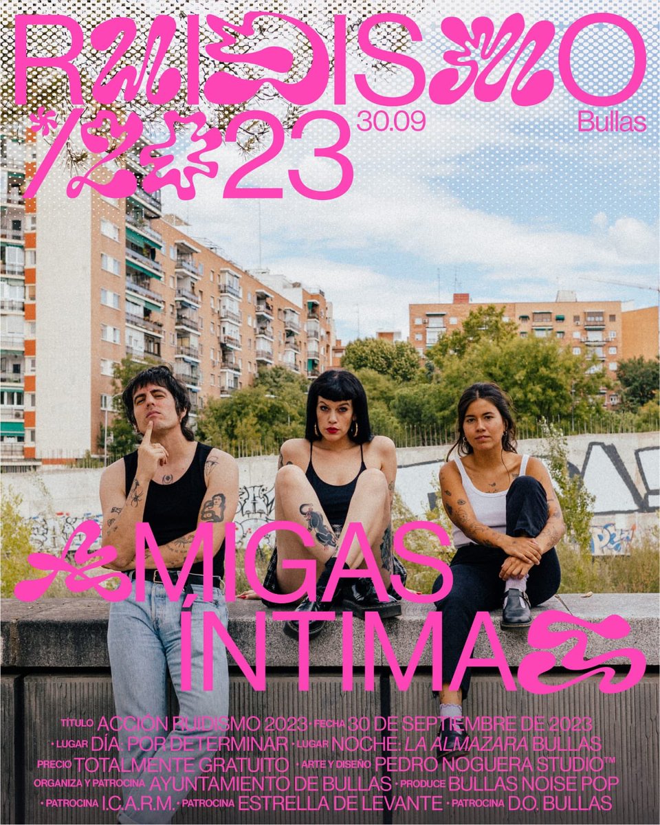 #AmigasÍntimas - #Ruidismo2023
Bullas, sábado 30 de septiembre.
Entrada libre.

Organiza y patrocina: <a href="/aytoBullas/">Ayuntamiento Bullas</a> 
Pruduce: #bullasnoisepop
Otros patrocinadores: #ica, <a href="/estrellalevante/">Estrella de Levante</a> y <a href="/DOP_Bullas/">BULLAS D.O.P</a> #dobullas

Arte y diseño: <a href="/_drpetrus/">Pedro  Noguera</a> 

#Bullas #Música #Vanguardia #Gastronomía