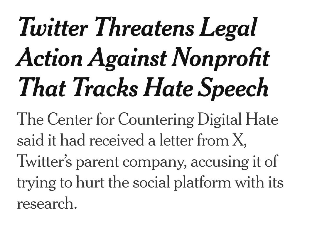 DaveId's tweet photo. But, of course, Twitter threatens legal action against a nonprofit that tracks hate speech.  The truth hurts.  And Musk's "free speech" is only intended for right-wing bigots.  Everyone else shall be cowed into silence.

https://t.co/ozwgK3vpMx https://t.co/YP7ZXCT3gm