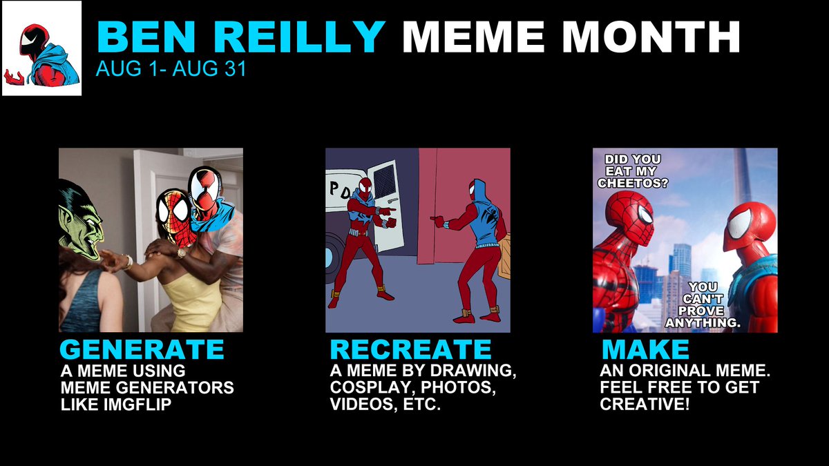 BenReillyMonth's tweet photo. It's BEN REILLY 🎊MEME MONTH🎊!  Are you ready to be the Meme Champion?

Tag your posts with #BenReillyMonth to be the champion!  

#AcrossTheSpiderVerse #SpiderMan #BenReilly https://t.co/kNboMQxYHf
