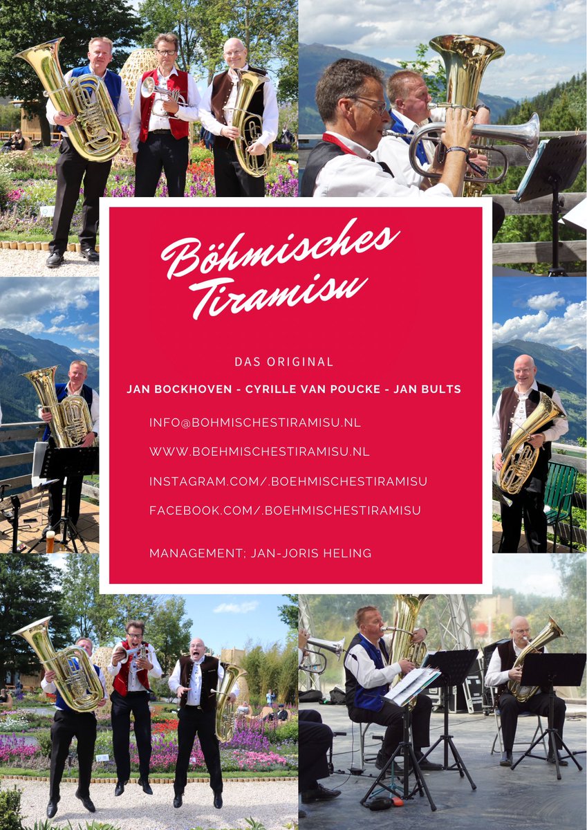 Böhmisches Tiramisu live ervaren? Zij kunnen u een optreden aanbieden op bijna alle locaties; van tuinfeest tot culturele avond of -middag of van verjaardagsfeest tot concertavond in Blasmusiksfeer. Neem vrijblijvend met ons contact +31263820245