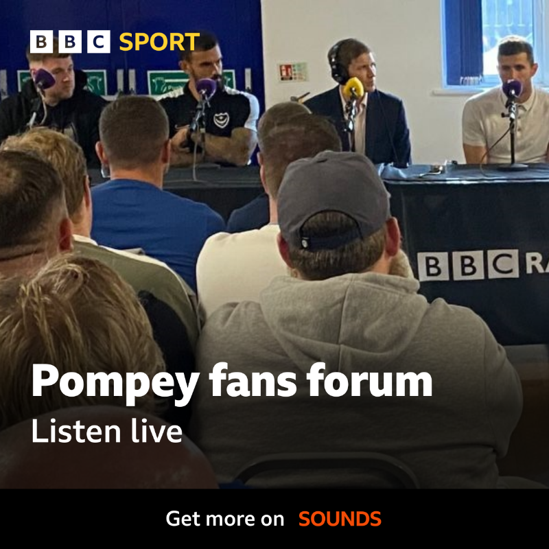 solentsport's tweet photo. ''We desperately want to be competitive, but we won't sit here and say it's a failure if we don't get promoted''

@pompey head coach John Mousinho is speaking live at the #pompey fans' forum 

#bbcfootball | #pompey

🔊 Listen here ⬇️