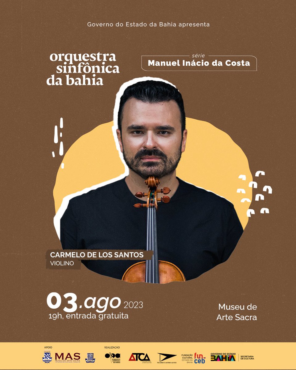 Spalla da New Mexico Philharmonic, Cármelo de los Santos é solista do concerto da OSBA nesta quinta (03/08) no Museu de Arte Sacra da UFBA.