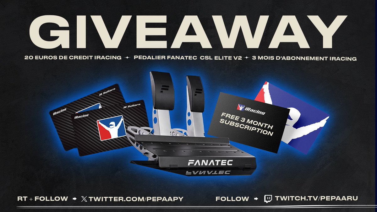 CONCOURS POUR CELEBRER LES 1000 FOLLOWERS SUR TWITCH !

RT + FOLLOW <a href="/Pepaapy/">Pepa</a>
FOLLOW twitch.tv/pepaaru

1er Lot : Pédalier Fanatec CSL Elite V2
2ème Lot : Abonnement 3 mois d'iRacing (nouveau compte)
3ème Lot : 20$ de crédits iRacing*

TAS le : 06/07

🖌 @YeuxDeBichette