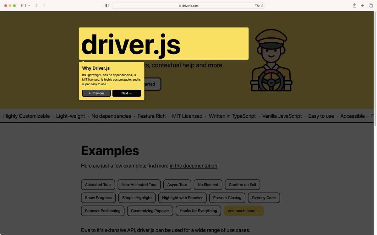 driver.js, библиотека для пошагового знакомства пользователей с продуктом: без зависимостей, работает с любым фреймворком, написана на TypeScript → driverjs.com
