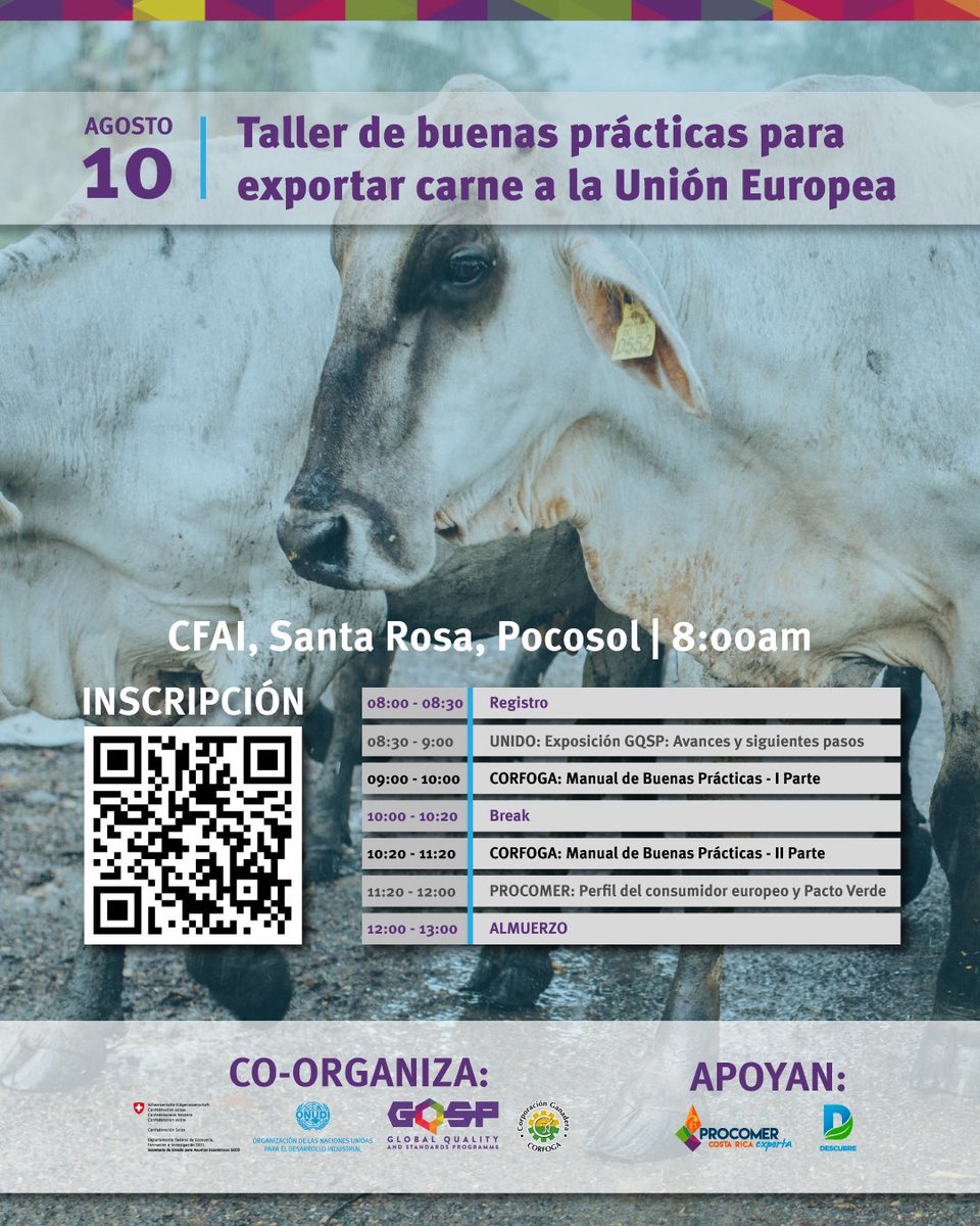 📍Les invitamos a asistir al Taller de buenas prácticas para exportar carne a la UE, en Santa Rosa de Pocosol en San Carlos. Hablaremos también del perfil del consumidor europeo y la alineación con el #PactoVerde.