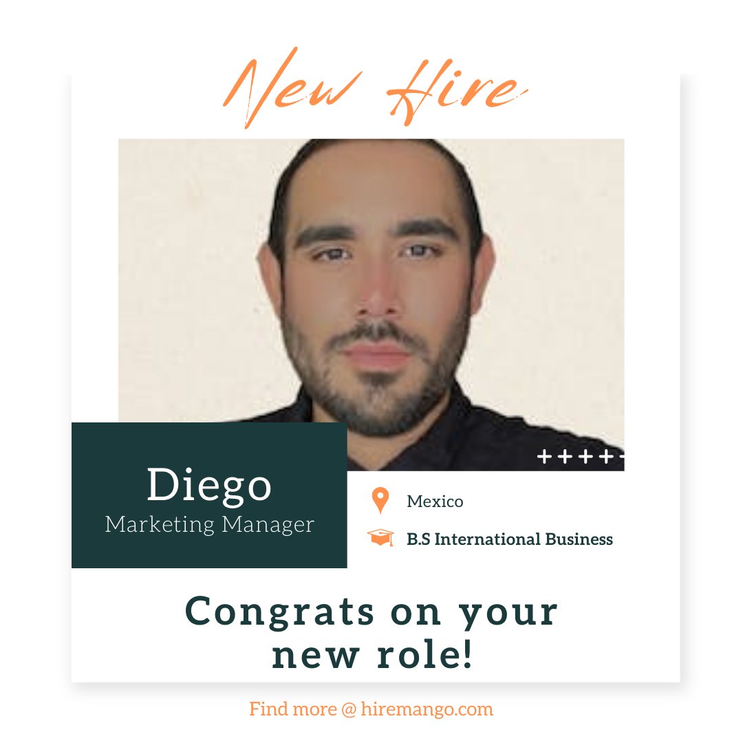 HireMango's tweet photo. Join us in warmly welcoming and congratulating Diego on his new job as a Marketing Manager. 🎉

We wish you all the best as you embark on this new opportunity.

#marketing #opportunities #outsourcing #Mexico #HireMango https://t.co/r49nnM9PfZ