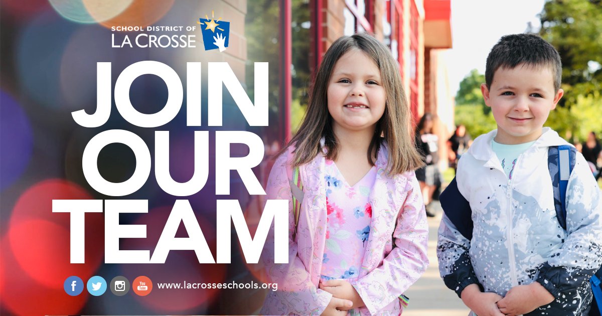 The School District of La Crosse is NOW HIRING for multiple Teacher Assistant positions! If you have a passion for education and making a difference in young lives, this is your chance. Learn more: lacrosseschools.org/employment/.

#WeAreLaCrosse