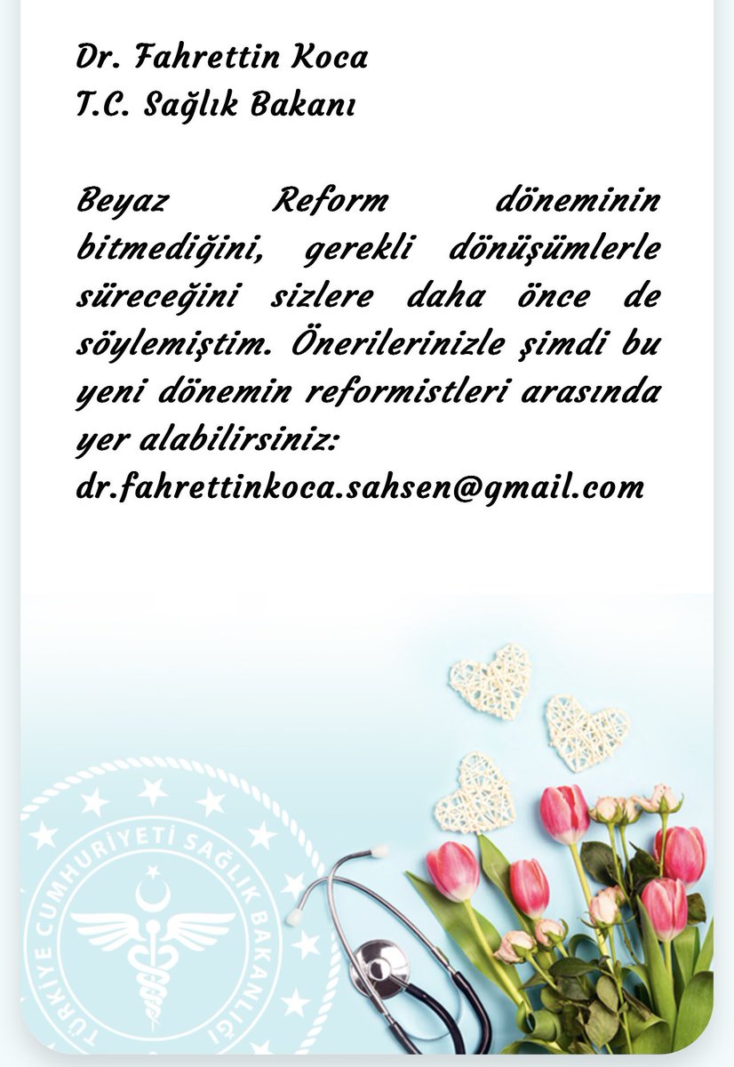 Alkıştan çiçeğe kalbe geçmişiz
Doğrusu büyük reform oldu bizim için. 
<a href="/drfahrettinkoca/">Dr. Fahrettin Koca</a> 
#SağlıkçıdanKocayaMektup