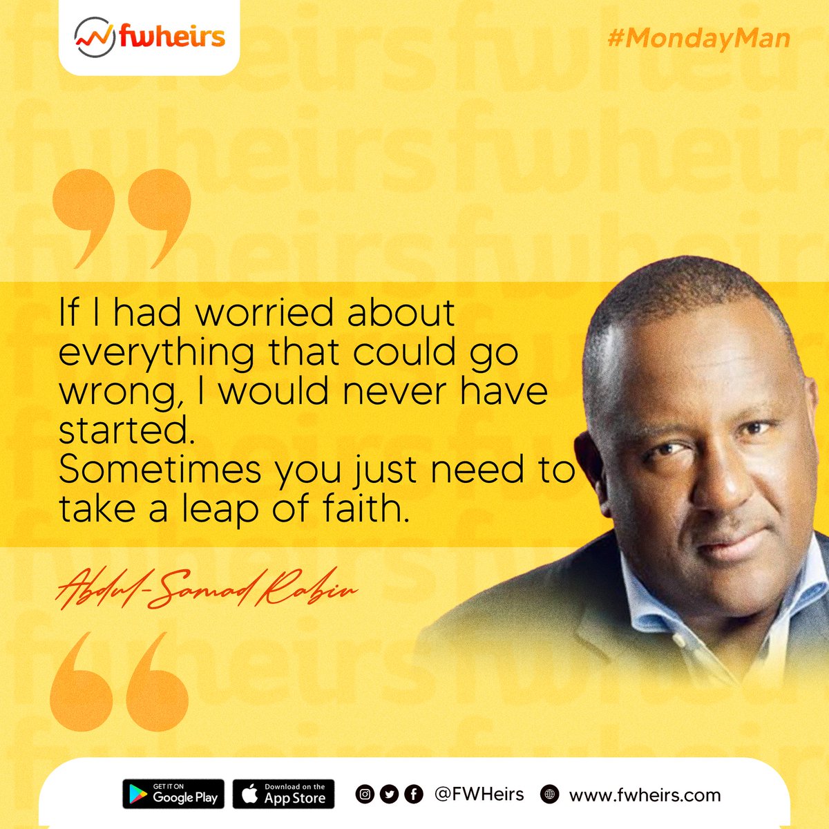 FWHeirs's tweet photo. Overcome your doubts and take a leap of faith today.

https://t.co/CupofforGT 

#MondayMan
#AbdulSamadRabiu
#Inspiration
#Businessman
#Motivation
#Forextrading
#finance
#Fwheirs https://t.co/FcKF8kAbx3