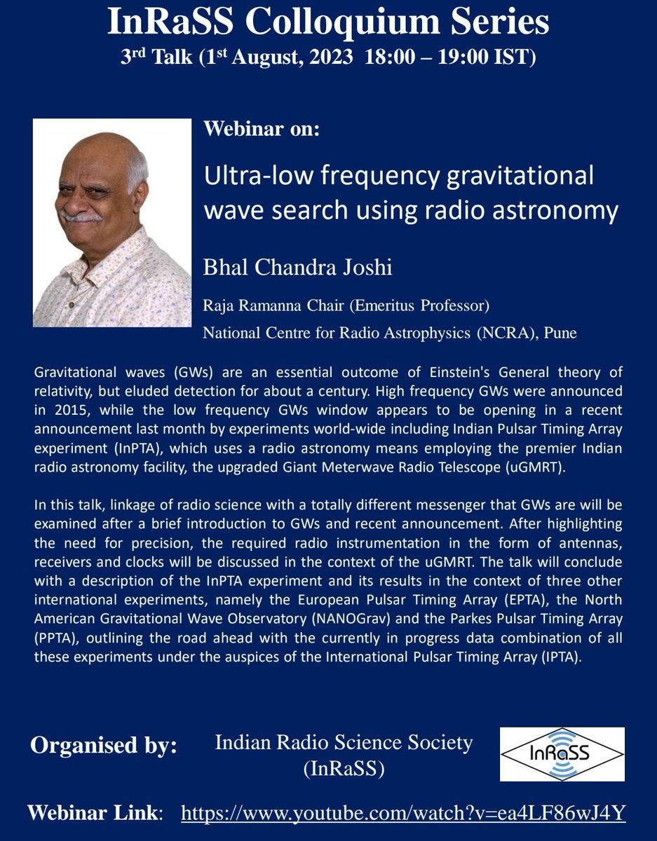 PAB_80's tweet photo. Tuesday, 1st August at 6 PM, please join this interesting webinar on recent discovery of low frequency gravitational wave using Indian Pulsar Timing Array @InPTA_GW @NCRA_Outreach @URSI_Radio organized by @sengupta53 #InRaSS
Youtube webinar link: https://t.co/cfrbudO5CM https://t.co/7P3QWo2G80