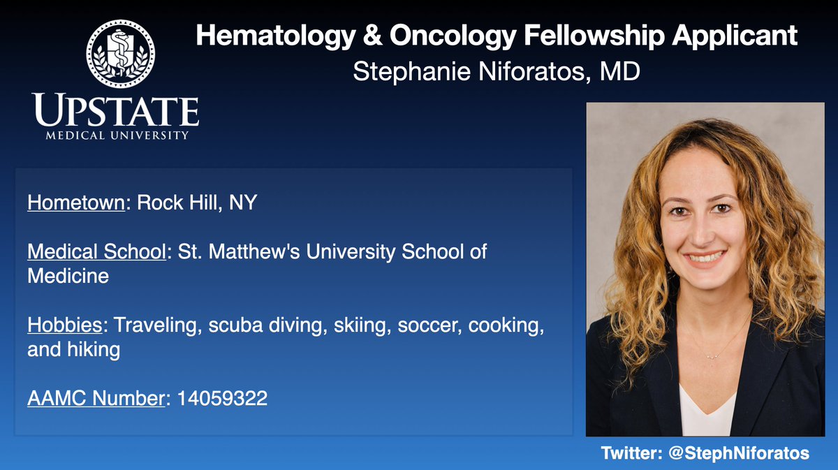 SUNY Upstate IM Residency (@upstateim_res) on Twitter photo At <a href="/SUNY/">SUNY - The State University of New York</a> Upstate Medical University, the Internal Medicine Program is proud of our fellowship applicants #ERAS #Match2024 Get to know those applying with our profile feature of residents #Medtwitter #MedX
#HemOncTwitter #HemOnc @StephNiforatos At <a href="/SUNY/">SUNY - The State University of New York</a> Upstate Medical University, the Internal Medicine Program is proud of our fellowship applicants #ERAS #Match2024 Get to know those applying with our profile feature of residents #Medtwitter #MedX
#HemOncTwitter #HemOnc @StephNiforatos