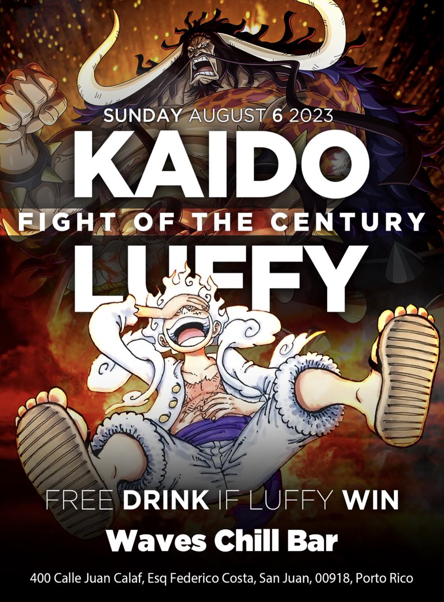 OnePieceDefend's tweet image. 🚨One Piece flyers can be found around Puerto Rico for the Gear 5 episode.
They offer free drinks in the bars!