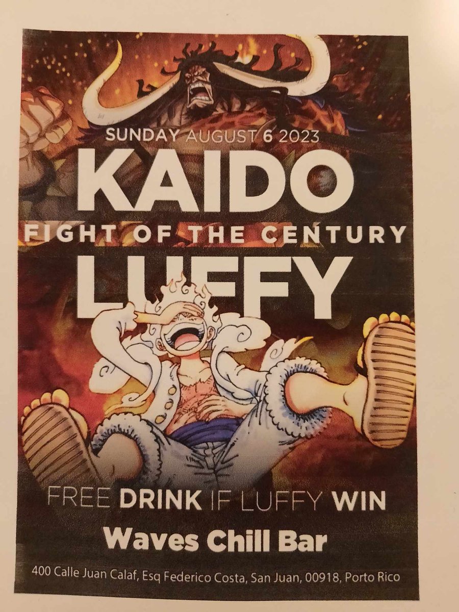 OnePieceDefend's tweet image. 🚨One Piece flyers can be found around Puerto Rico for the Gear 5 episode.
They offer free drinks in the bars!