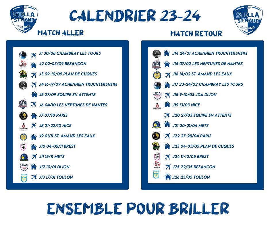 CALENDRIER 📅 23-24 ! 

Retrouvez le calendrier de vos Étoiles ⭐️ ! 
Elles se déplaceront à Chambray pour la 1er journée ! 

#ensemblepourbriller #damierbleuetblanc
