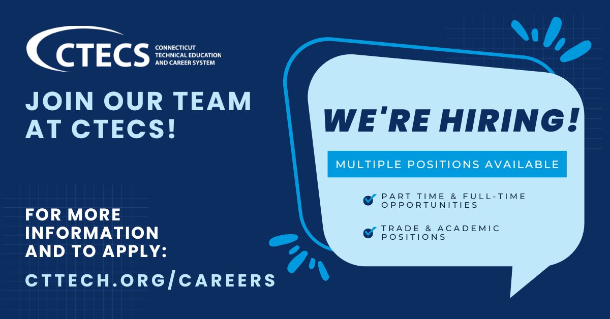 CTTechHS's tweet image. 🔔 CTECS is hiring 🔔

Multiple positions available across Connecticut&apos;s technical high schools! 

✅ Highly competitive salaries

✅ Extensive benefits package

👉 For more information and to apply, visit cttech.org/careers