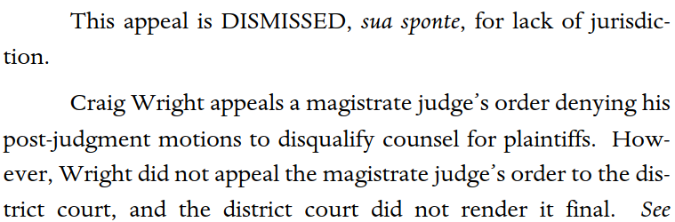 bitnorbert's tweet photo. Faketoshi motioned to disqualify Ira Kleiman's counsel, which was denied. He appealed, and this was just also denied, apparently based on a clumsy procedural error. 🤦 #wonning https://t.co/a9RMrXnvLP https://t.co/4s4SFLIEAH