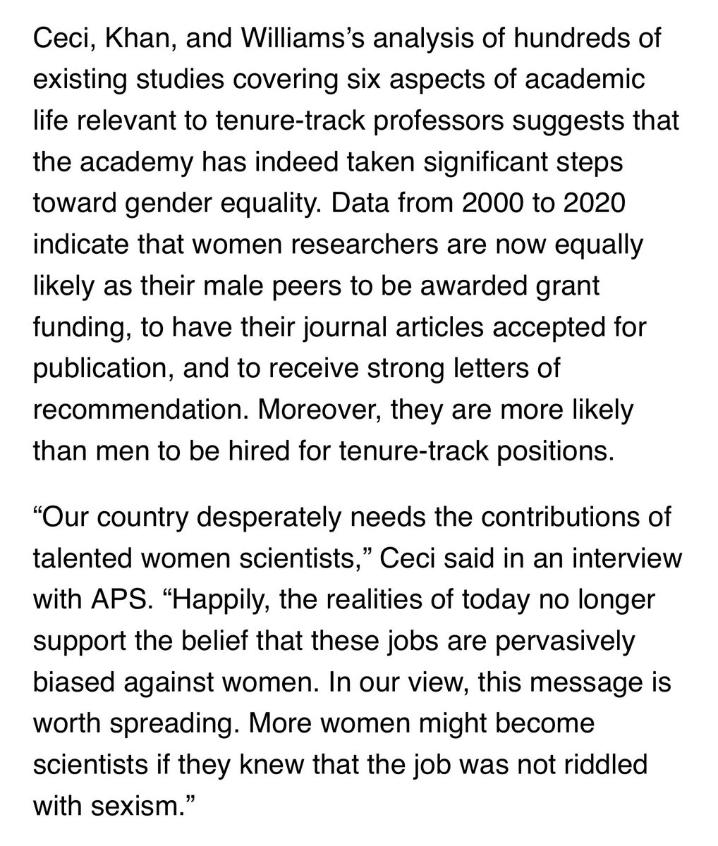 “Women researchers are now equally likely to be awarded grant funding, to have their journal articles accepted for publication and to receive strong letters of recommendation. Moreover, they are more likely than men to be hired for tenure-track positions.” psychologicalscience.org/news/2023-july…