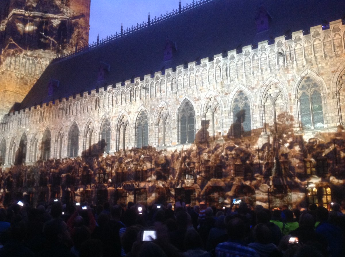 TerryWhenham's tweet image. Incredible memories from #Passchendaele Centenary in 2017. To see the Cloth Hall lit up with those images was a sight I will never forget. #Ypres #WW1