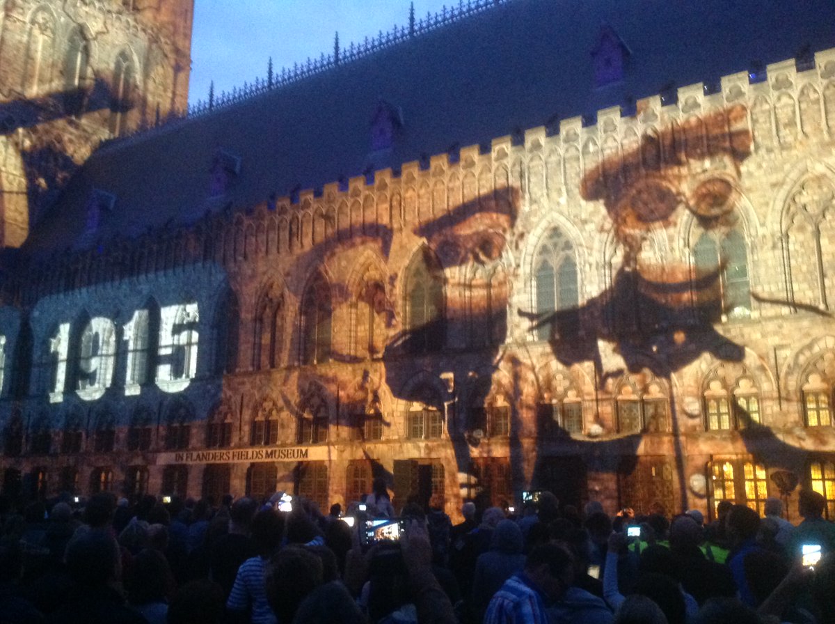 TerryWhenham's tweet image. Incredible memories from #Passchendaele Centenary in 2017. To see the Cloth Hall lit up with those images was a sight I will never forget. #Ypres #WW1