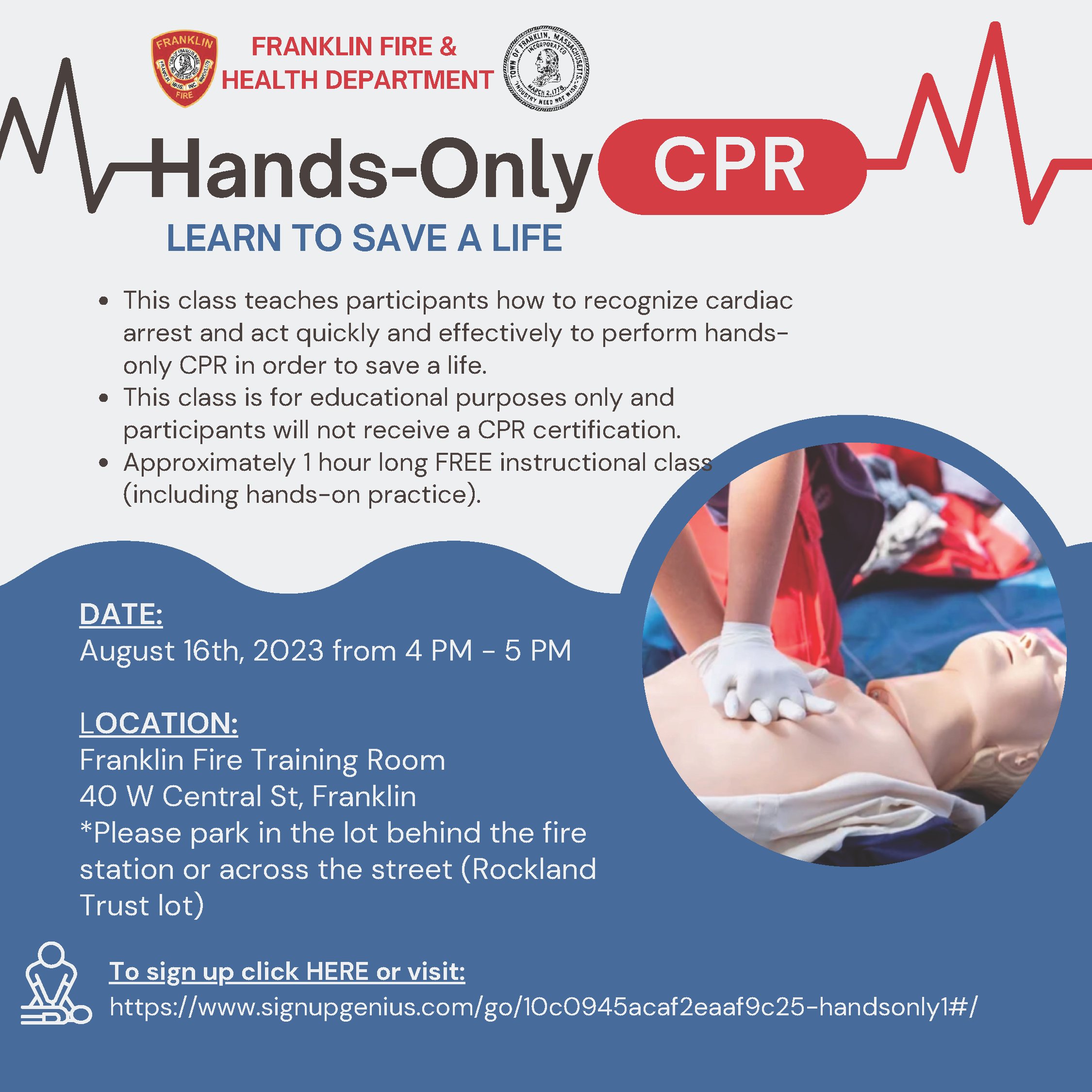 Town of Franklin, MA: Registration open for a FREE Hands Only CPR class Aug 16 - 4 PM