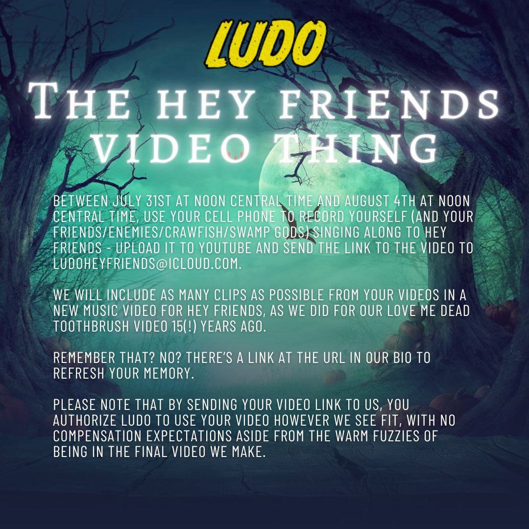 LudoRock's tweet photo. Make a music video with us - but hurry! You’ve got until Friday. #Ludo20 #HeyFriendsVideoThing #YoureAwful15 #HalLUDOween https://t.co/8JzFua17xB