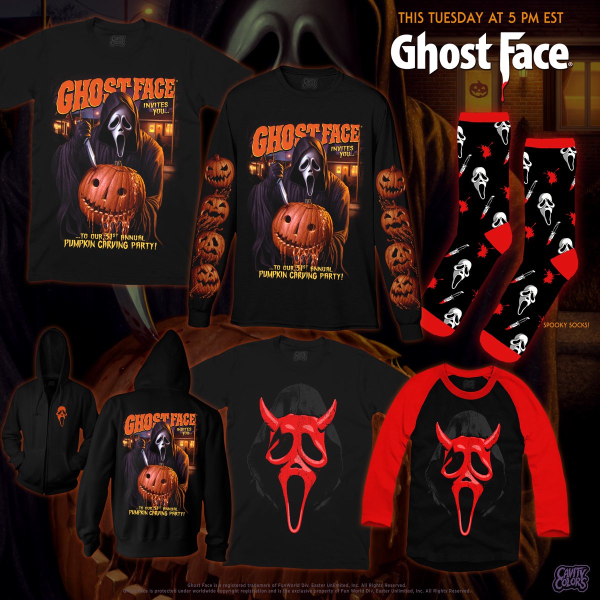 CAVITYCOLORS's tweet photo. REVEAL! 🔪 Ghost Face invites you… to CARVE! 🎃 This Tuesday at 5 PM EST, we’re unleashing our new officially licensed GHOST FACE apparel collection! 👉 Read below for details! #Ghostface https://t.co/xZhzxqp6sf