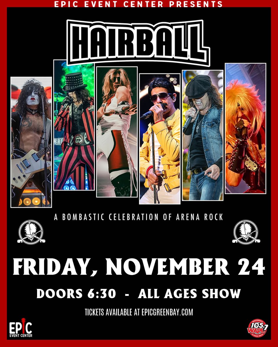 𝘑𝘜𝘚𝘛 𝘈𝘕𝘕𝘖𝘜𝘕𝘊𝘌𝘋 - 𝘏𝘈𝘐𝘙𝘉𝘈𝘓𝘓!

"The Bombastic Celebration of Arena Rock, with close to 20 concerts in one night!"

Hairball everyone's favorite tribute band on steroids is coming back to EPIC, Friday, November 24th.

Tix go on sale Friday, August 25th at 10am.