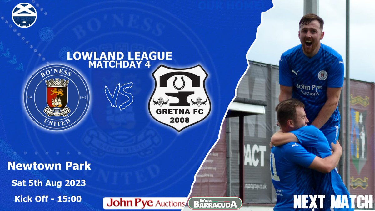 Up next, matchday 4 of our <a href="/OfficialSLFL/">The Park’s Motor Group Scottish Lowland League</a> campaign! 

After back to back away trips, it's about time the boys are back in town!

Come along and #BackTheBU this Saturday when we take on <a href="/GretnaFC2008/">Gretna FC 2008</a> at Newtown Park ⚽️