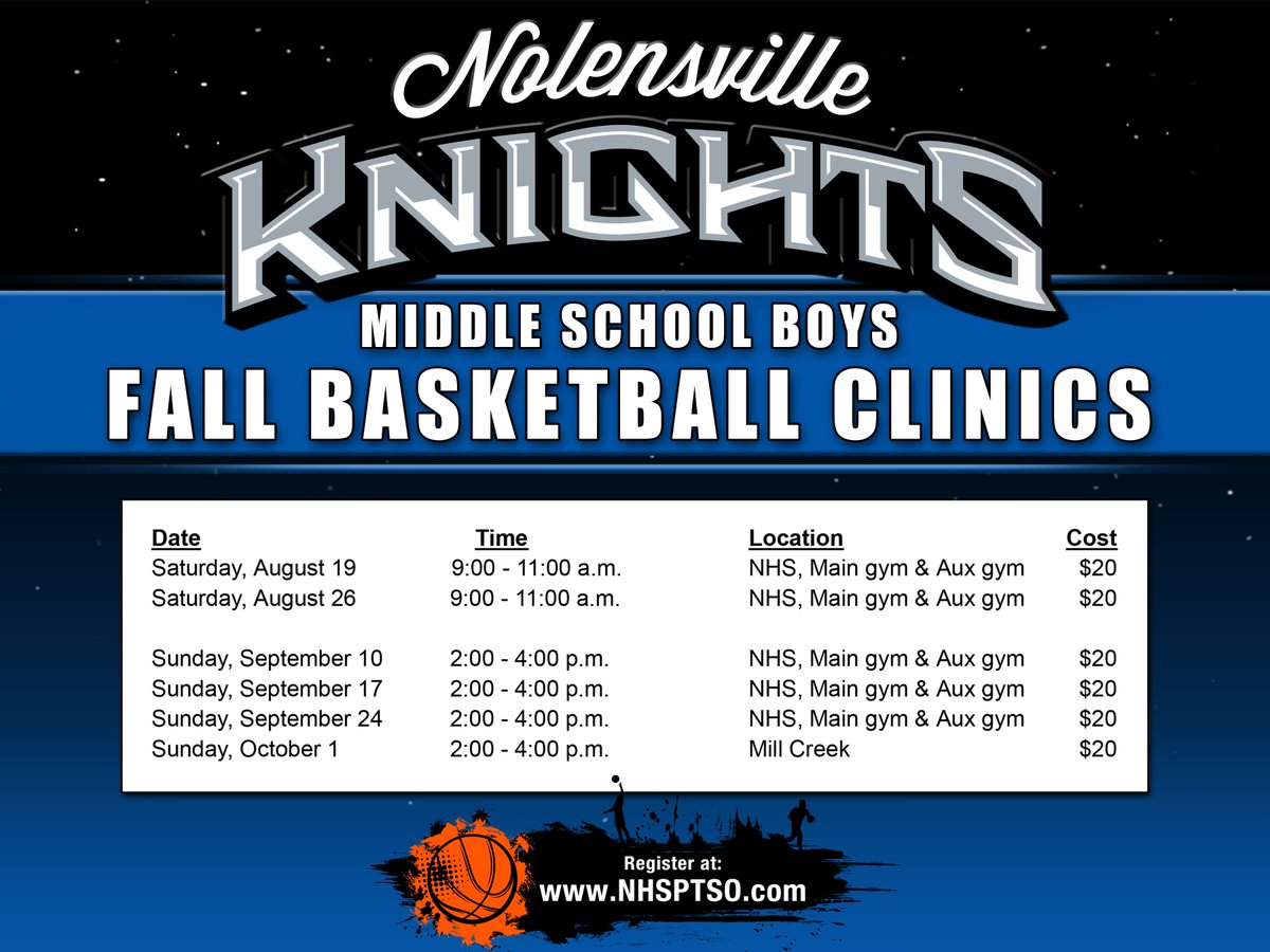 🏀Middle School Fall Clinics Registration open to 6th, 7th, 8th graders. Geared to serious players prepping for MS tryouts. Focus on skill work, shooting, & individual development. Register here: nhsptso.com/packet/35441910
