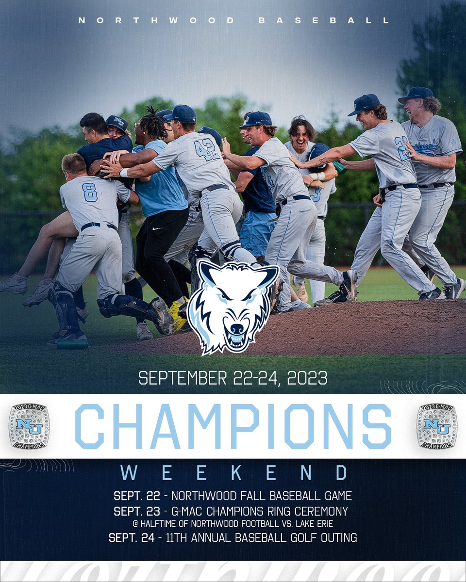 ⚾️🏆Champions Weekend🏆⚾️

Alumni, family, and friends, please join us this fall for an eventful weekend in Midland!

🗓️ September 22-24

⛳️11th Annual Baseball Golf Outing
📍Currie Golf Course
⌚️9:00am shotgun start

Click the link to register:
connect.northwood.edu/2023baseballgo…