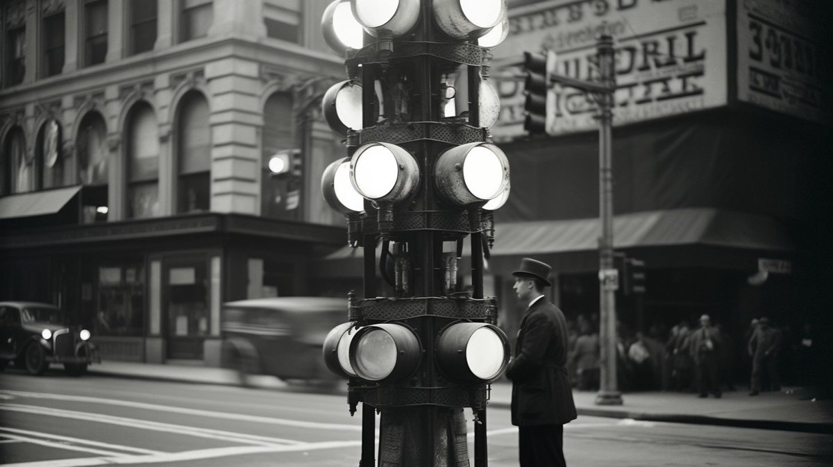 Hystorium1's tweet image. Today on August 5, 1914: The first electric traffic light is installed on the corner of Euclid Avenue and East 105th Street Cleveland, Ohio. #history #transportation #stopandgo