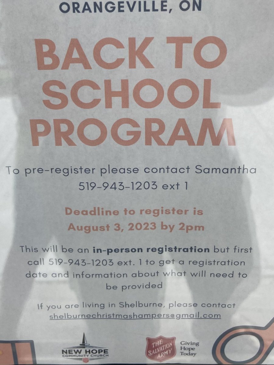 We are getting closer to that time…back to school.
Orangeville and Shelburne families, please check out Salvation Army New Hope Church for back to school assistance. Register by August 3 <a href="/NewHopeSA/">New Hope Community Church Orangeville</a> <a href="/StPeterDPCDSB/">St. Peter Catholic Elementary School K-8 DPCDSB</a>
