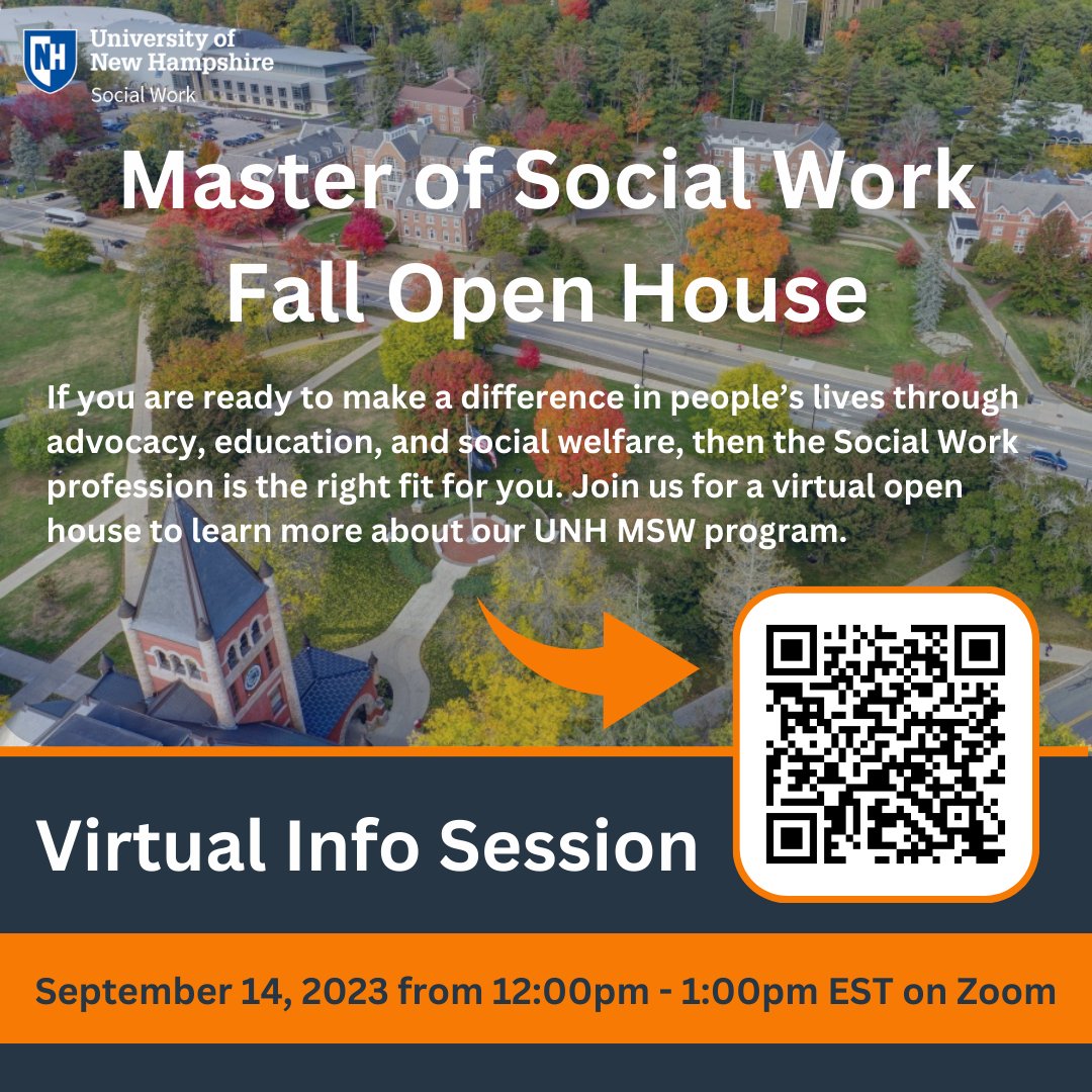 Our UNH MSW program is fully accredited by the Council on Social Work Education. With full-time, part-time and online options you can earn your degree in the format best suited to you. Grant funding available!

Register now for this virtual informational session!