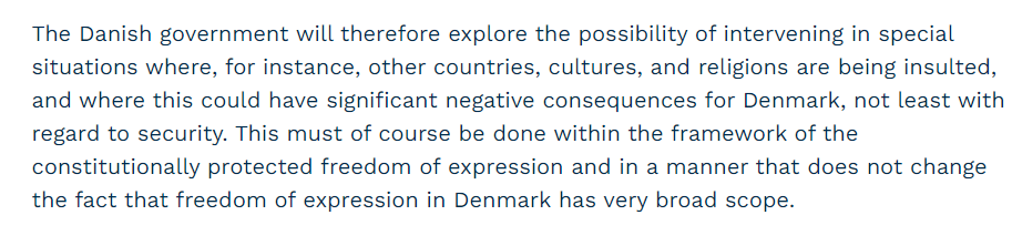 1/ I still cannot believe that the Danish government actually issued a statement in which it commits itself to banning the insulting of "other countries, cultures and religions" if this has "significant negative consequences for Denmark". Seriously? via.ritzau.dk/pressemeddelel…