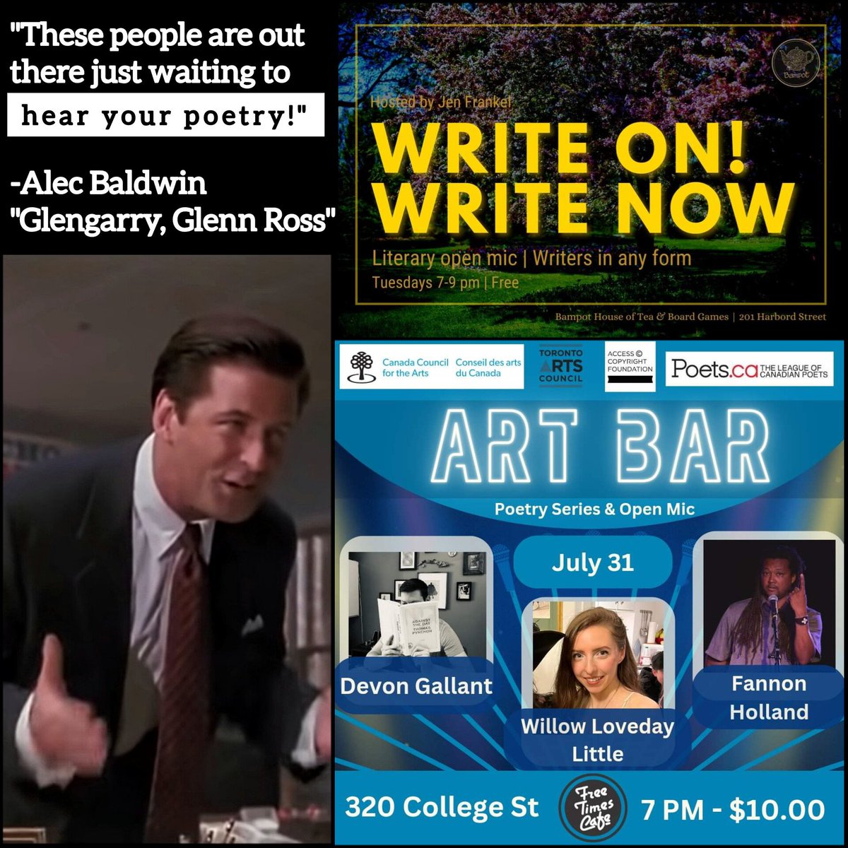paul_e_costa's tweet photo. Two poetry events in Toronto with open mic components tonight and tomorrow!

@ArtBarPoetry @BampotTea
@FreeTimesCafe @jenfrankel

#Toronto #torontopoetry #poetryreading #openmic #poetryopenmic #spokenword #spokenwordpoetry #poetryseries #torontopoets #livepoetry https://t.co/kBWVlSlKcL
