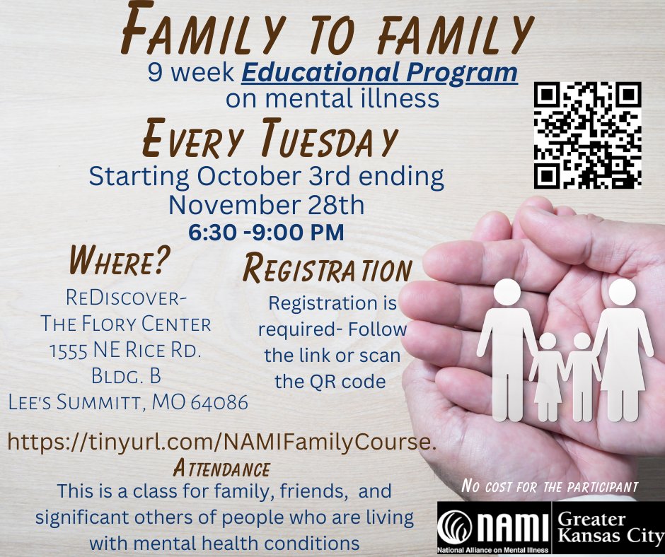 NAMIGreaterKC's tweet image. Share this with someone you know! Help us get the word out! 
#educaiton #MentalHealthMatters #family 
tinyurl.com/NAMIFamilyCour…
