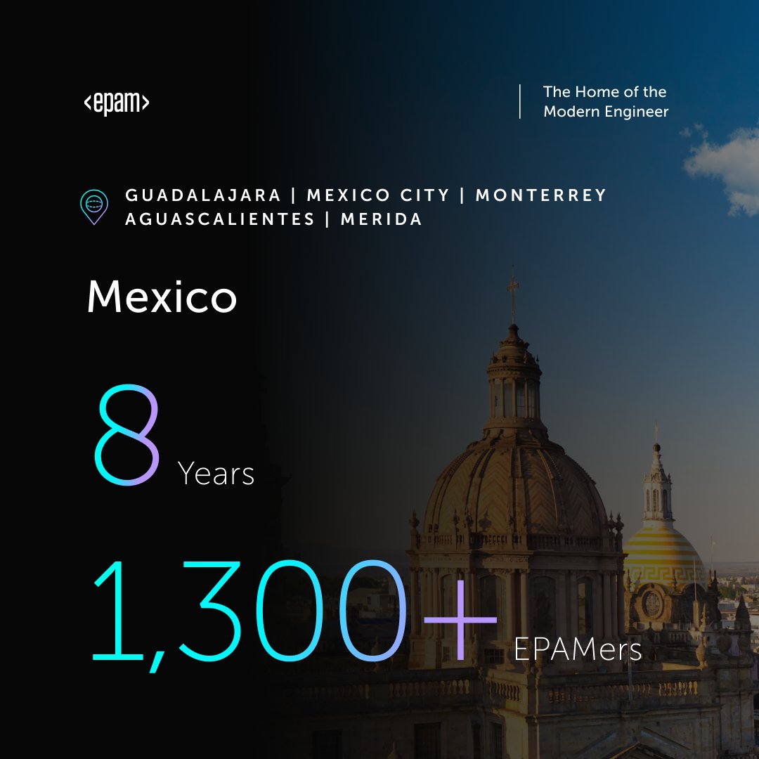 EPAMSystems's tweet photo. Happy Anniversary @EPAM_Mexico! 🎉
Congratulations on celebrating 8 years of Engineering Excellence! Woot woot 🙌
Join our growing team in #Mexico or any of our 50+ locations worldwide 🌎: https://t.co/bbDHCZ7MqC
#Careers #ITjobs #InsideEPAM #EPAMMexico https://t.co/szkGAuUZQD