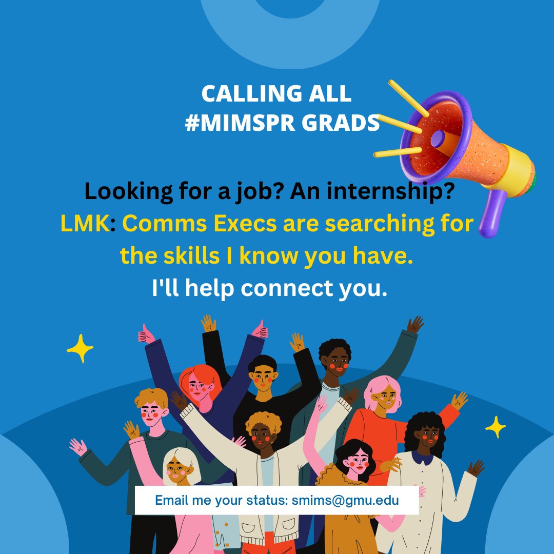 To my former students: I get messages from agencies and companies FREQUENTLY looking to hire someone just like YOU. Let me know what you are up to. If you are looking for a new job opportunity or an internship, let me know! I know who is hiring and looking. #MimsPR <a href="/MasonCommDept/">Dept. of Communication, George Mason University</a>