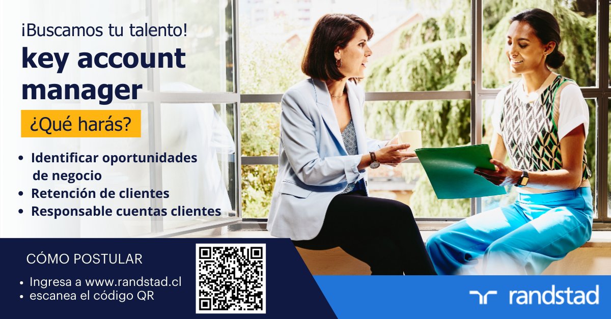 ¡buscamos tu talento!🔍
En Randstad Chile buscamos KAM experto en ventas de servicios B2B en RRHH.
Conoce los requisitos, funciones y renta haciendo clic en el siguiente enlace ➡️ tinyurl.com/2b85ocsz 

📍Ubicación: Santiago
#empleo #trabajo #rrhh #KAM #B2B #RandstadChile