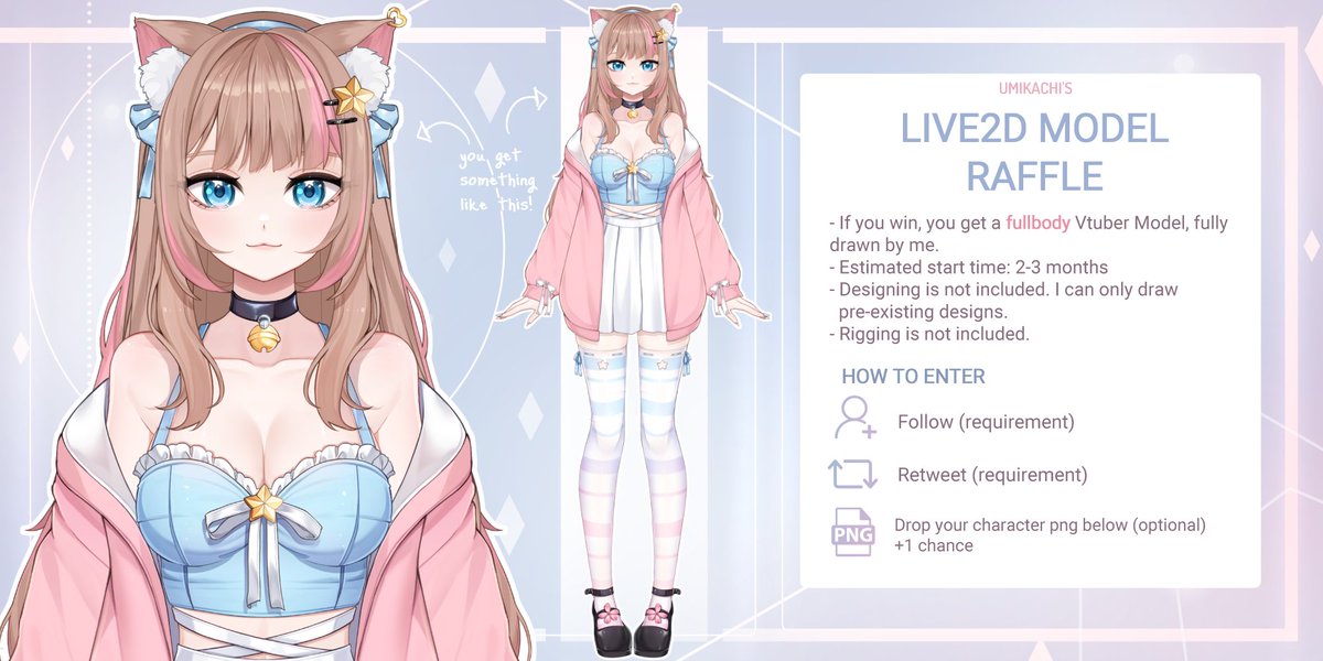 It's raffle time ✨ Winner gets a fullbody vtuber model with 03 expressions! ~ Thank you everyone for the support until now. How to enter: - Follow and retweet (new followers welcome)! - Drop your png in the comments for +1 chance End date: August 15th (More info below)